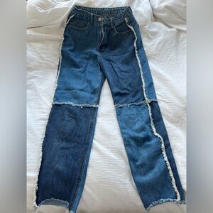 Two-Tone Frayed Denim Jeans